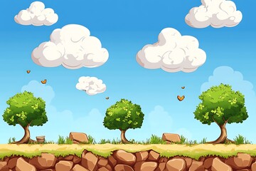 Poster - Idyllic Cartoon Landscape:  Trees, Butterflies, and Clouds over Rocky Outcrop