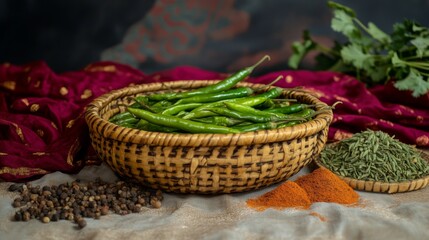 Poster - A serene image of fresh green chilies resting in a woven basket, surrounded by spices and aromatic herbs, capturing the essence of traditional cooking