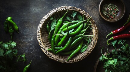 Poster - A serene image of fresh green chilies resting in a woven basket, surrounded by spices and aromatic herbs, capturing the essence of traditional cooking
