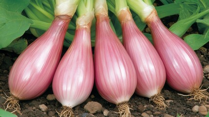 Poster - A serene image of shallots growing in a garden bed, with vibrant green leaves surrounding them, showcasing the beauty of fresh produce in its natural habitat