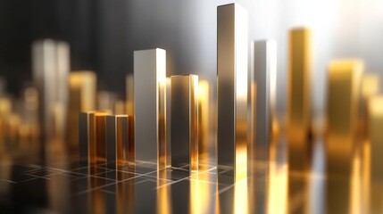 Fototapete - A set of metallic D bar graphs in gold and silver colors, standing tall on a reflective surface, representing business performance and wealth growth.