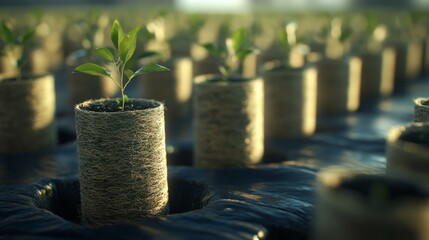 Aufkleber - A shot of young trees growing in biodegradable pots arranged neatly on the ground, ready for planting in a reforestation project