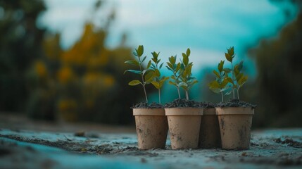 Aufkleber - A shot of young trees growing in biodegradable pots arranged neatly on the ground, ready for planting in a reforestation project