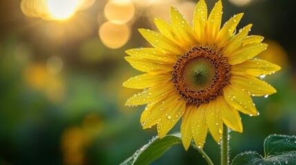 Poster - A single sunflower with dew drops on its bright yellow petals, captured in the morning light, with the droplets adding a fresh and lively touch.