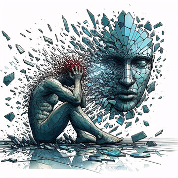 a figure kneeling in front of a shattered mirror, with pieces reflecting different fragments of their face. Vintage design. Vintage poster design. Tshirt design vintage