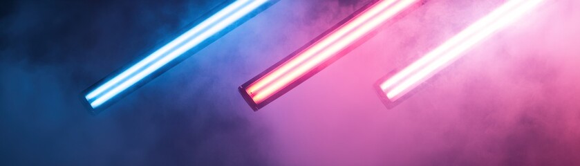 Poster - Multiple angled beams of blue, red, and yellow light intersect dramatically against a dark backdrop, creating an energetic concert vibe with space for central text