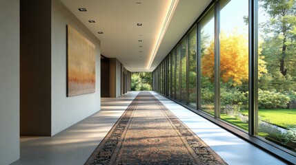 Poster - A spacious modern hallway featuring sleek design elements, large windows allowing natural light to flood in, and a stylish rug adding a pop of color