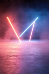 Poster - Multiple angled stage light beams in blue, red, and yellow cross each other, creating a vibrant concert ambiance against a dark gradient background with glowing edges, ideal for events