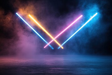 Poster - Bright angled beams of blue, red, and yellow lights intersect against a dark gradient background, enhancing the concert ambiance with glowing edges and open space for text