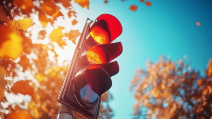 Aufkleber - A striking image of a traffic light at a quiet intersection, with a bright red light glowing against a backdrop of autumn leaves and clear blue skies