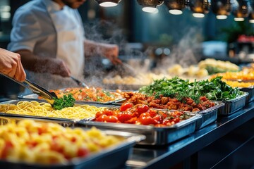 Wall Mural - Chefs preparing steaming hot food in commercial kitchen