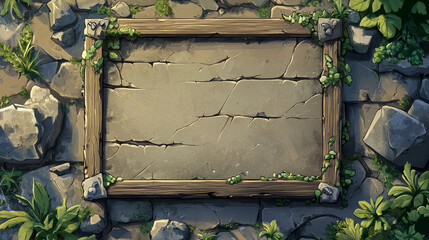 Poster - Stone frame and rock board game ui cartoon vector. Medieval plaque and loading progress bar design template. Isolated signboard block for menu with crack texture. Gui blank info plate icon set