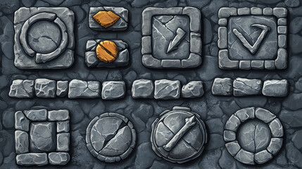 Poster - Stone rock ui game interface button cartoon vector. Circle, arrow, loading bar, plate and progress slider isolated icon for user menu medieval design. Plaque texture and panel info antique 2d kit