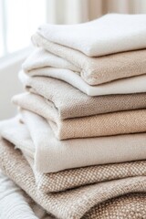 Poster - Soft linen and woolen textiles are beautifully stacked in muted warm tones, illuminated by gentle side light. The arrangement invites creativity for text overlays and design use