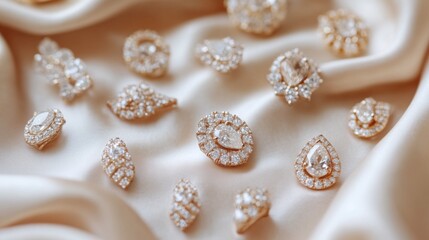 Poster - A top-down view of various diamond earrings scattered on a luxurious satin fabric, capturing the beauty of the stones and their elegant settings