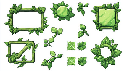 Poster - Game buttons and frames with green borders and leaves. Design elements and assets with plants for user interface. Vector cartoon set of bars, check and cross marks and panels