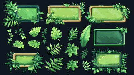 Poster - Game buttons and frames with green borders and leaves. Design elements and assets with plants for user interface. Vector cartoon set of bars, check and cross marks and panels