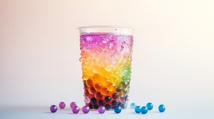 Poster - A transparent cup of bubble tea with colorful boba pearls, placed in the center of a white background, with the drink's layers and textures clearly defined.