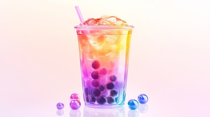 Poster - A transparent cup of bubble tea with colorful boba pearls, placed in the center of a white background, with the drink's layers and textures clearly defined.