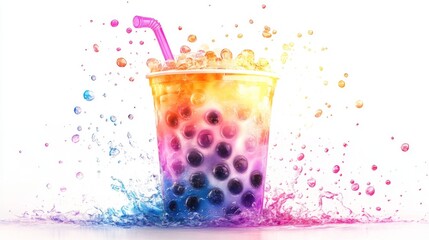 Poster - A transparent cup of bubble tea with colorful boba pearls, placed in the center of a white background, with the drink's layers and textures clearly defined.