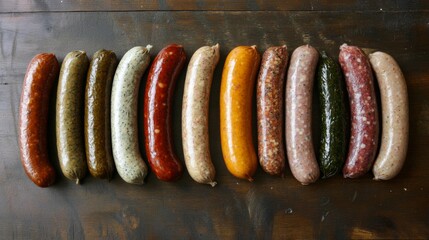 Poster - A variety of sausages laid out on a rustic wooden surface, with different textures and colors, showcasing a selection of raw and cured meat products