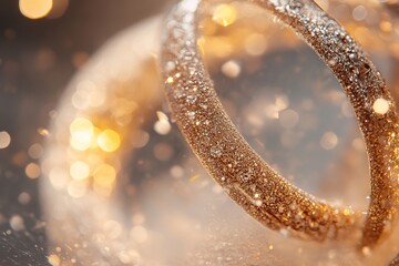 Poster - Softly glowing outlines of sparkling rings and necklaces emerge behind frosted glass, bathed in warm, golden light that adds an air of mystery and allure to luxury branding