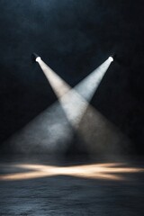Poster - Two soft white spotlights intersect diagonally over a dark matte background, projecting an illuminated X pattern with a clean space for text, perfect for artistic presentations or events