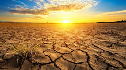 Poster - A vast expanse of scorched, brown grass under an intense, cloudless sky, symbolizing drought and the impact of global warming on agricultural lands