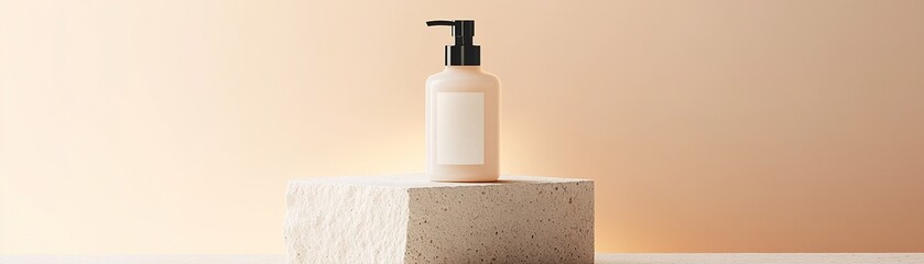 Poster - A sleek bath product is showcased on a textured matte stone pedestal, illuminated by a soft glow, creating a serene atmosphere perfect for branding and highlights