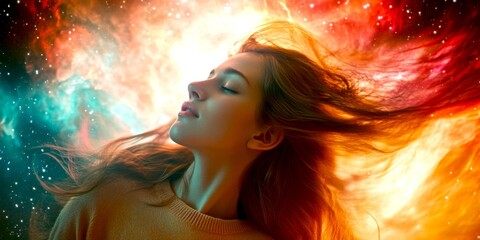 Poster - A dreamy womans portrait with flowing hair is set against a cosmic background filled with vibrant colors. This artistic piece evokes a sense of wonder and exploration. AI.