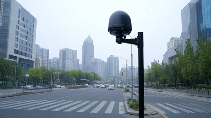 Poster - A wide-angle view of a CCTV camera on a pole near an empty intersection in a quiet business district, with minimal traffic and modern buildings in the background
