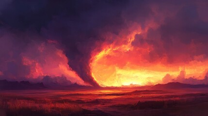 Poster - A wide-angle shot of a tornado in the distance, with dramatic storm clouds rolling in and a vibrant sunset casting light on the turbulent scene