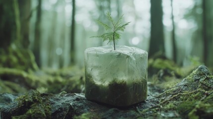 Poster - Close-up of a small tree growing out of a biodegradable seedling container placed on the forest floor, with soft light filtering through the trees