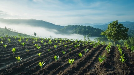Aufkleber - Newly planted rows of saplings on a hillside, with a soft morning mist hovering over the landscape, symbolizing the rejuvenation of deforested land