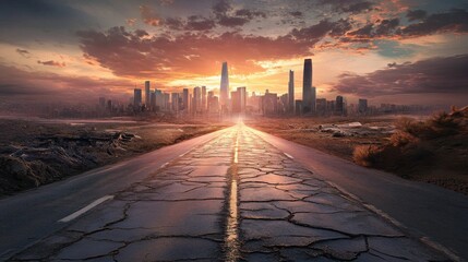Aufkleber - Melting asphalt on a sun-scorched road in an urban area, highlighting the extreme heatwaves and their impact on city infrastructure