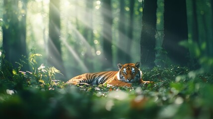 Poster - Golden sunlight filters through trees, illuminating a majestic tiger resting peacefully amidst lush green vegetation in a tranquil forest setting at dawn