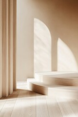 Poster - Light oak wood texture glows under soft warm lighting, while gentle shadows from architectural elements enhance the tranquil ambiance against a beige backdrop