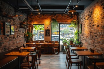 Aufkleber - Modern industrial style restaurant interior with brick walls and plants
