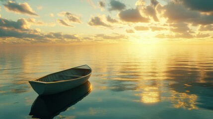 Wall Mural - Serene sunset over calm waters with a solitary boat floating, reflecting golden light and clouds