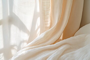 Poster - Warm light filters softly through sheer linen curtains, casting a calming glow in muted beige and cream tones, perfect for a modern Nordic aesthetic