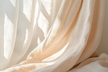 Poster - Warm light filters gently through sheer linen curtains, casting soft beige and cream tones. This serene atmosphere emphasizes negative space, inviting tranquility and a modern Nordic feel