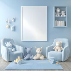 3d render of white poster frame on the wall in childrens room, two armchairs and toys around it, wooden floor with carpet, light blue walls, children's bookcase in corner of background, children 