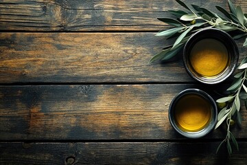 Wall Mural - Olive oil in bowls with olive branch on rustic wooden table