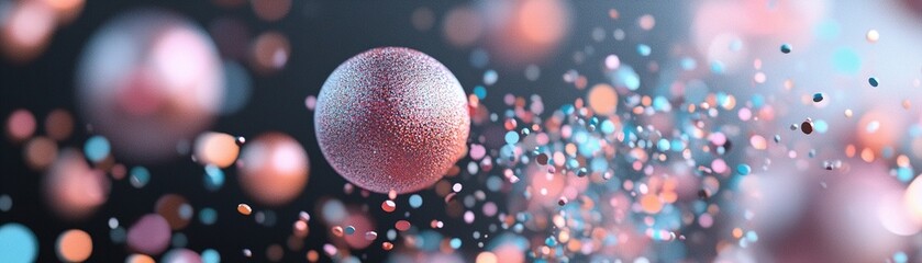 Poster - Multicolored sequins scatter joyfully across a dark or pastel background, illuminated by soft glowing particles and radiating light trails, creating a lively and energetic effect