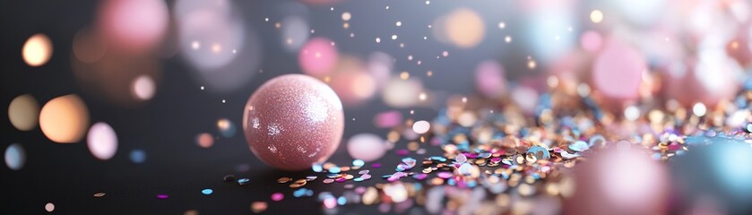 Poster - Vibrant sequins scatter across a black surface, enhanced by softly glowing particles and light trails. The lively composition creates an energetic and festive atmosphere