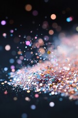 Poster - A lively display of multicolored sequins scatters across a dark backdrop, enhanced by soft glowing particles and light trails, creating an energetic and festive atmosphere
