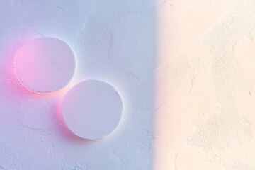 Poster - A neon light source illuminates the space, creating colorful shadows of circles and triangles on a textured white wall. The clean negative space invites creative text placement