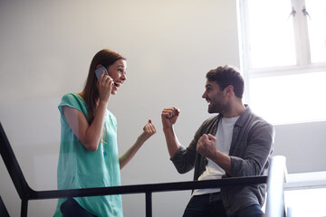 Aufkleber - Fist pump, phone call and business people in office for good news, review and online feedback. Startup, professional and man and woman with smartphone for teamwork, winning funding and collaboration