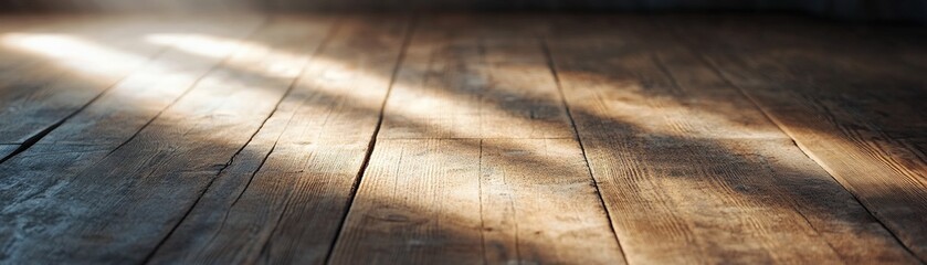Poster - Soft golden light from a vintage spotlight illuminates a rich dark wooden floor, creating a cozy retro atmosphere with gentle shadows, perfect for text placement