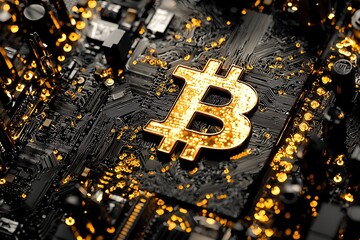 Poster - Golden Bitcoin Symbol Embedded in a Circuit Board